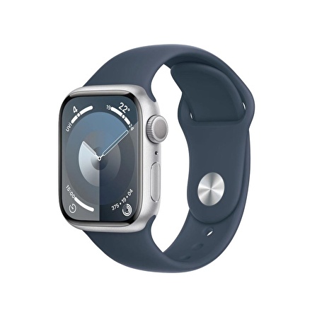 Apple Watch Series 9 GPS 41mm Gümüş Rengi Alüminyum Kasa ve Fırtına Mavisi Spor Kordon - M/L - MR913TU/A