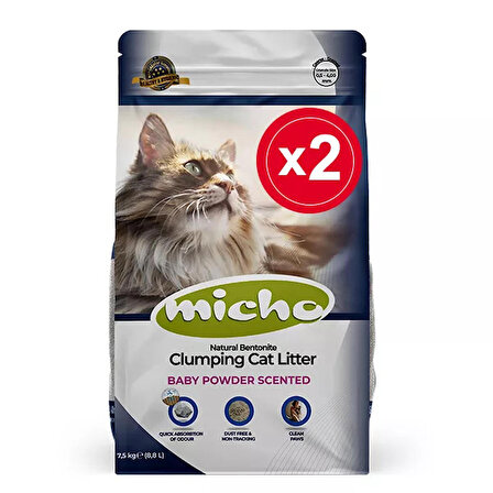 Micho Kalın Taneli Pudra Kokulu Topaklanan Kedi Kumu 2x7.5 Kg Yeni Ambalaj Yeni Formül