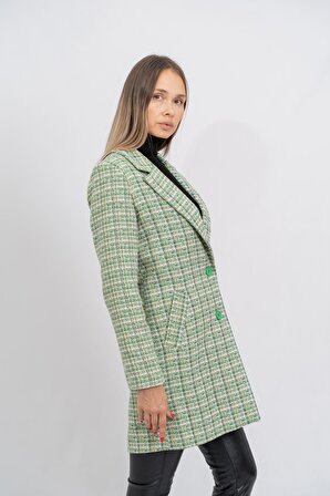Kadın Yeşil Düğmeli Ekose Uzun Ceket