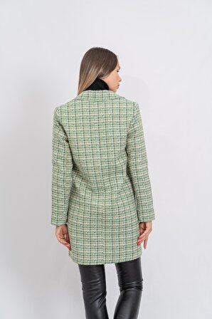 Kadın Yeşil Düğmeli Ekose Uzun Ceket