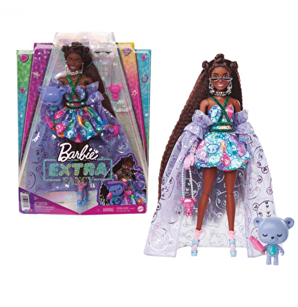 Barbie Extra Fancy Bebek ve Hayvan Dostu Mor Elbiseli Zenci Bebek
