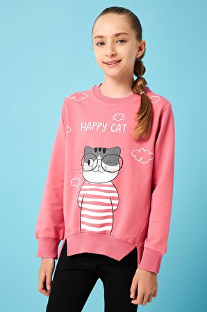 Happy Cat Baskı Detaylı Taytlı Kız Çocuk Takım Gül Kurusu