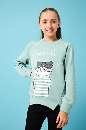 Happy Cat Baskı Detaylı Taytlı Kız Çocuk Takım Çağla