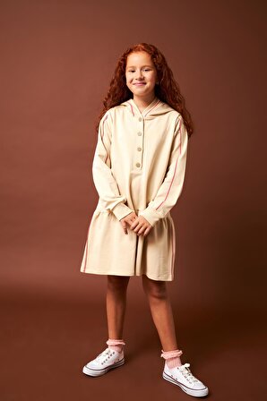 Biye Detaylı Kapüşonlu Kız Çocuk Elbise Taş