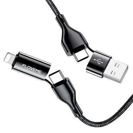 Floveme 4in1 USB To Type C -Type to Type Kablosu+iPhone Başlık USB 1M SİYAH
