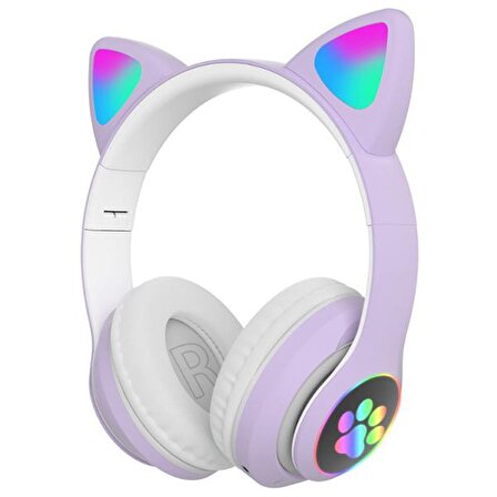 ALLY 23M Kedi Kulak Kulaküstü Bluetooth 5.0 Kablosuz Kulaklık Led Işıklı MOR