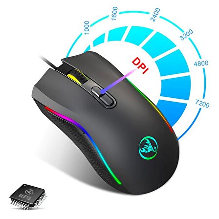 HXSJ A869 7200DPI Ayarlanabilir RGB Işık Gaming Oyuncu Mouse SİYAH