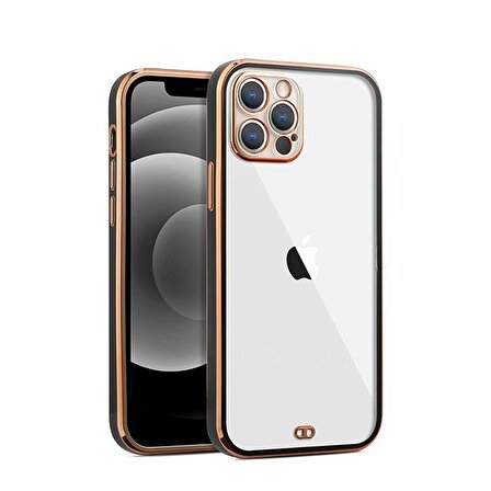 iPhone 12 Pro Max 6.7inç Gold Çerçeve Kamera Korumalı Bumper Kılıf SİYAH