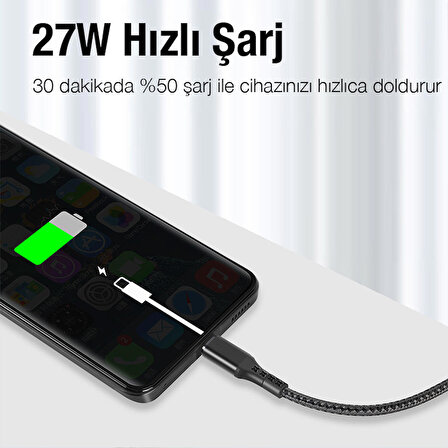 27W Type-C To iPhone Lightning Süper Hızlı Data ve Şarj Kablosu 1mt