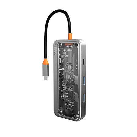 8in1 Type-c To USB3.0 + USB2.0 + Type-c + PD + HDMI + SD + TF + Ethernet Çoğaltıcı Transparan Hub