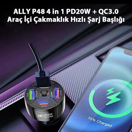 ALLY P48 4 in 1 PD20W + QC3.0 Araç İçi Çakmaklık Hızlı Şarj Başlığı Siyah