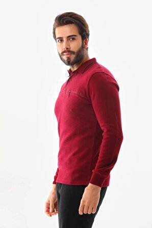 Dolfini Erkek Polo Yaka Cep Detaylı Sweatshirt 9004 Bordo