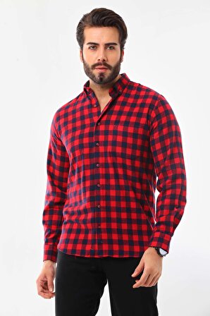 Marisso Erkek Kare Desenli Uzun Kol %100 Pamuk Gömlek 019YNC Kırmızı