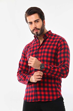 Marisso Erkek Kare Desenli Uzun Kol %100 Pamuk Gömlek 019YNC Kırmızı