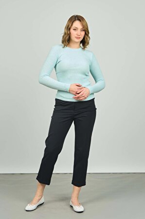 F&A Tekstil Kadın Katlı Paça Yüksek Bel Pantolon 3005 Lacivert