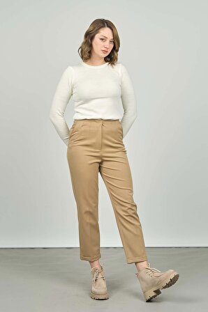 F&A Tekstil Kadın Katlı Paça Yüksek Bel Pantolon 3005 Camel