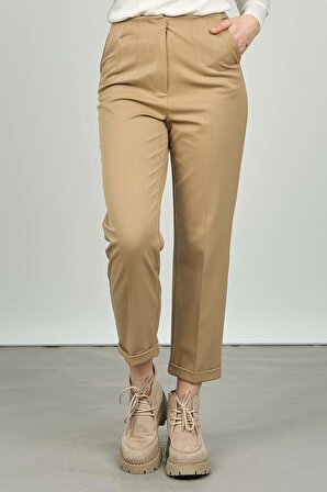 F&A Tekstil Kadın Katlı Paça Yüksek Bel Pantolon 3005 Camel