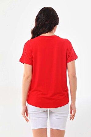 Sistas Kadın Desenli Kısa Kol Bluz 23141 Kırmızı