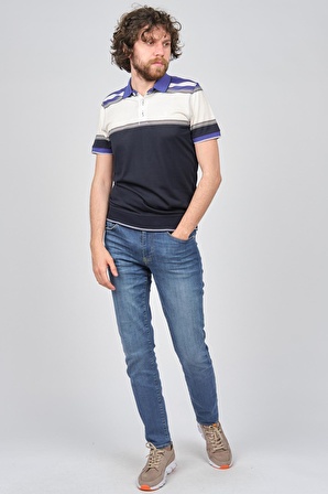 Wellalux Erkek Blok Desenli Polo Yaka T-Shirt 183204 Lacivert