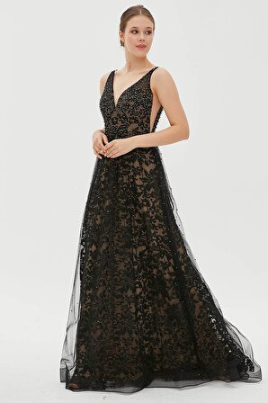 Tiara Kadın Taş İşlemeli Desenli Kolsuz Uzun Abiye Elbise 5946083 Siyah