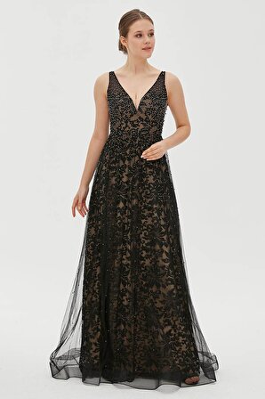 Tiara Kadın Taş İşlemeli Desenli Kolsuz Uzun Abiye Elbise 5946083 Siyah