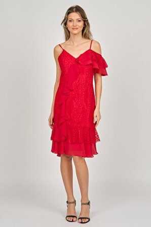 Pierre Cardin Kadın İp Askılı Fırfır Detaylı Abiye Elbise 5816858 Kırmızı