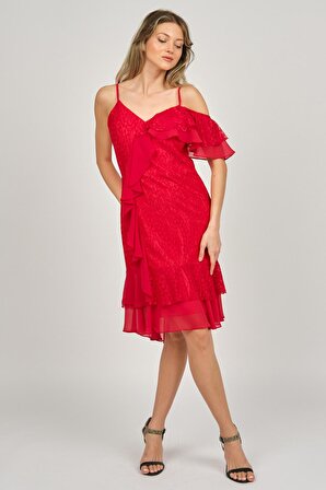 Pierre Cardin Kadın İp Askılı Fırfır Detaylı Abiye Elbise 5816858 Kırmızı