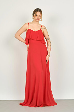 Pierre Cardin Kadın Askılı Şifon Uzun Abiye Elbise 6424 Kırmızı
