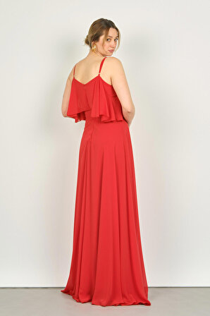 Pierre Cardin Kadın Askılı Şifon Uzun Abiye Elbise 6424 Kırmızı