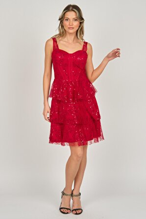 Dans Kadın Payetli Kat Detaylı Abiye Elbise 5270838 Kırmızı