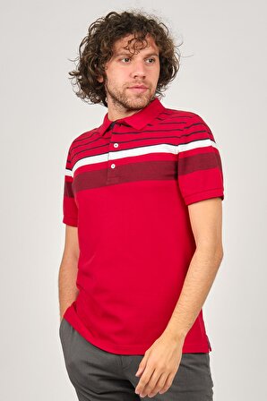Desen Triko Polo Yaka Erkek Çizgi Detaylı T-Shirt 0249822 Kırmızı