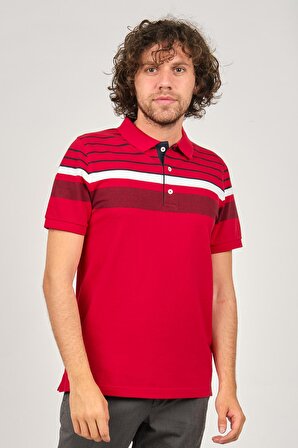 Desen Triko Polo Yaka Erkek Çizgi Detaylı T-Shirt 0249822 Kırmızı