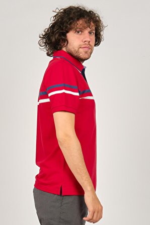 Desen Triko Erkek Polo Yaka Çizgi Detaylı T-Shirt 0249814 Kırmızı