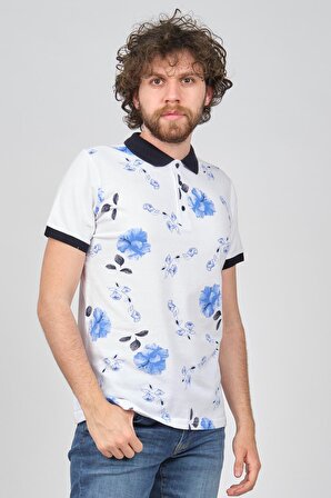 Exc & Handex Erkek Desenli Polo Yaka T-Shirt 4370054 Beyaz Mavi