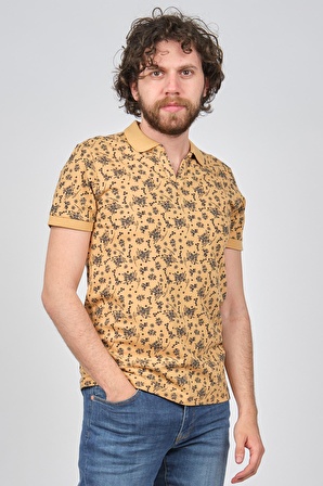 Qwerty Erkek Çiçek Desenli Slim Fit Polo Yaka T-Shirt 5452995 Hardal