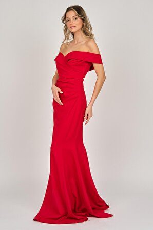 Renk Kadın Düşük Omuz Abiye Elbise 5044902 Kırmızı