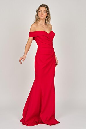 Renk Kadın Düşük Omuz Abiye Elbise 5044902 Kırmızı