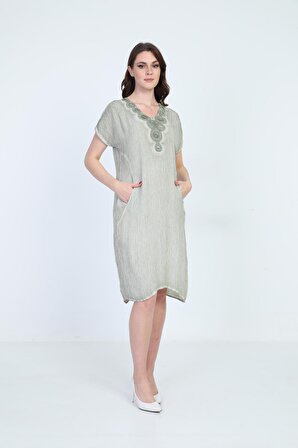 Ella Camelia Kadın Yakası Dantel Detaylı Cepli Elbise 5010074 Yeşil
