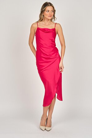 Renk Kadın Saten Degaje Yaka Abiye Elbise 5044964 Kırmızı