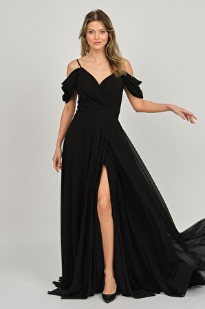 Lilas XXL Kadın Derin Yırtmaçlı Uzun Abiye Elbise 5481027 Siyah