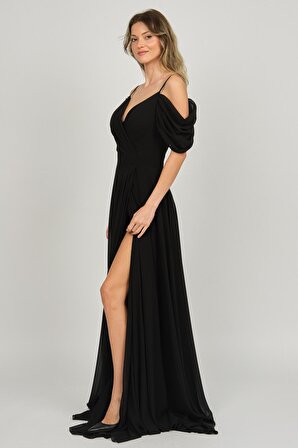 Lilas XXL Kadın Derin Yırtmaçlı Uzun Abiye Elbise 5481027 Siyah