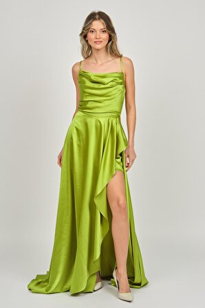 Renk Kadın İp Askılı Derin Yırtmaçlı Abiye Elbise 5045014 Yeşil