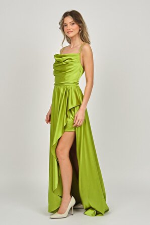 Renk Kadın İp Askılı Derin Yırtmaçlı Abiye Elbise 5045014 Yeşil