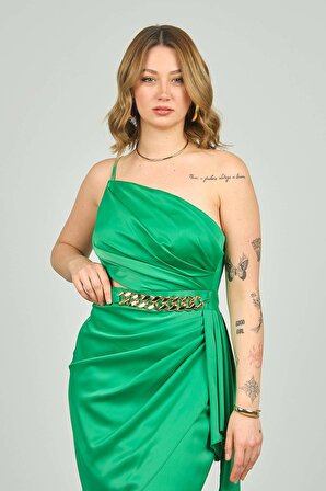 Saygın Kadın Tek Omuz İp Askılı Zincir Detaylı Abiye Elbise 0489 Benetton