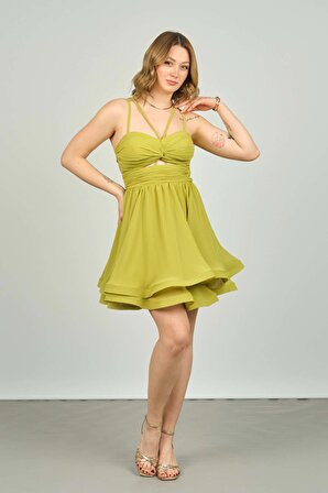 Saygın Kadın Eteği Katlı İp Askılı Mini Abiye Elbise 3513 Fıstık Yeşili