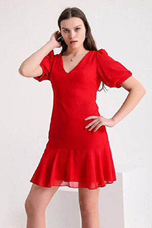 Machek Kadın V Yaka Sırt Detaylı Mini Elbise 5829 Kırmızı