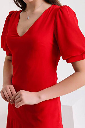 Machek Kadın V Yaka Sırt Detaylı Mini Elbise 5829 Kırmızı