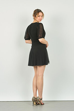Machek Kadın Kruvaze Üçgen Etekli Mini Elbise 5841 Siyah
