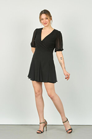 Machek Kadın Kruvaze Üçgen Etekli Mini Elbise 5841 Siyah