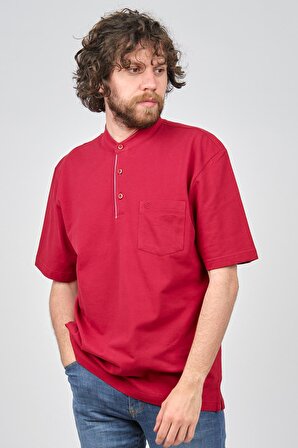 Çizgi Triko Erkek Cep Detaylı Dik Yaka T-Shirt 4253303 Kırmızı